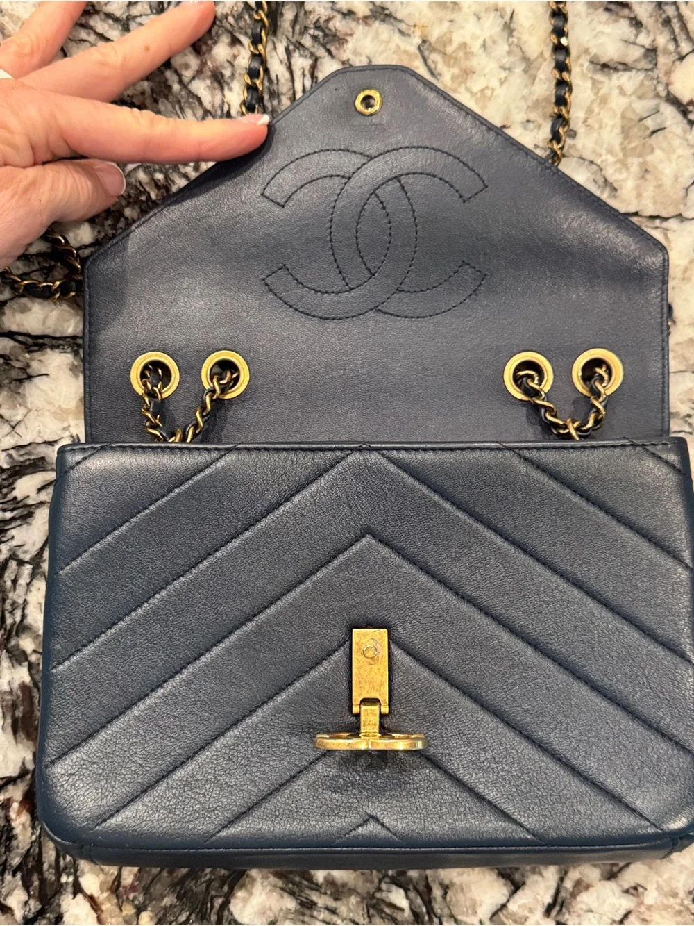 CHANEL Chevron Quilted Shoulder Bag - Dark Blue with Gold Hardware